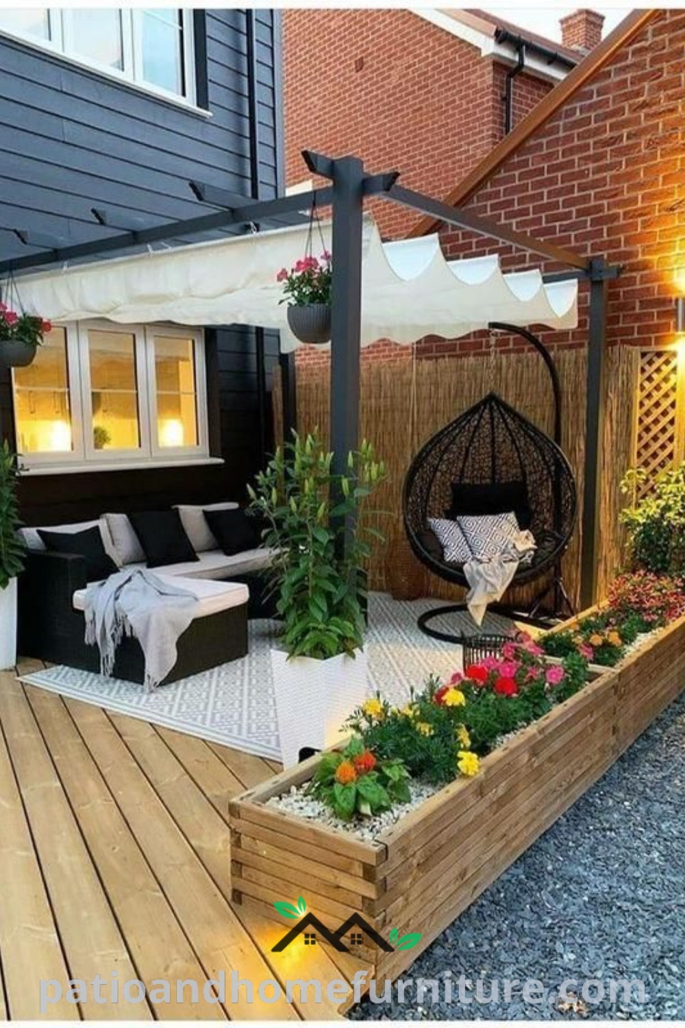 Outdoor living area featuring wooden decking and colorful flower planter boxes creating a cozy oasis, perfect for relaxation and entertaining, showcasing unique design ideas for your home. Visit wellnesswink.com for more inspirations.