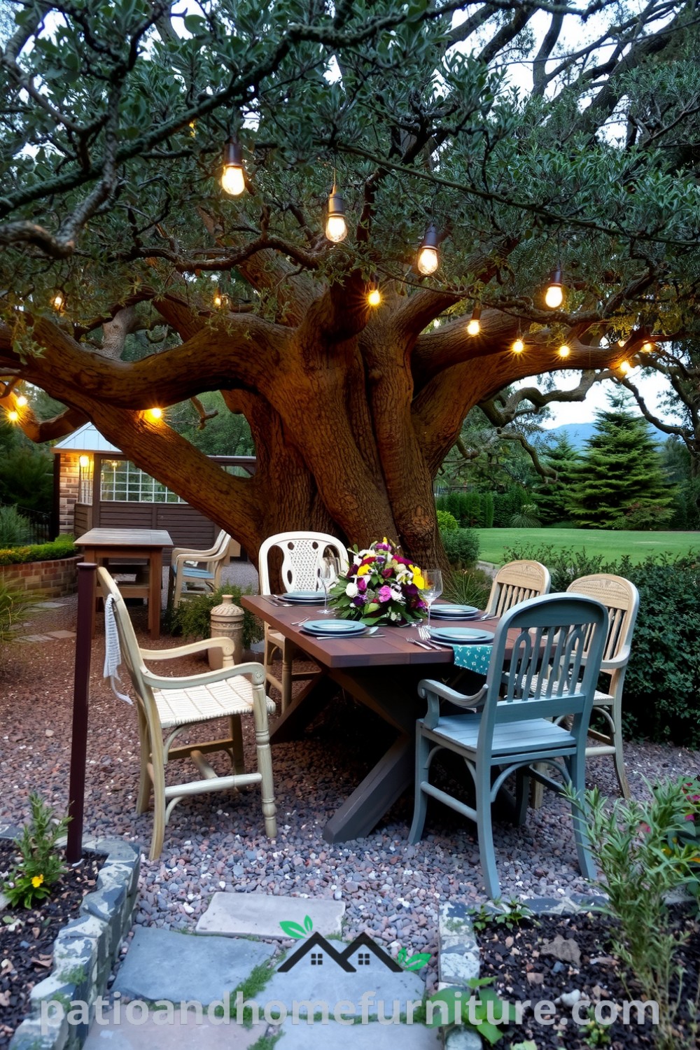 Intimate outdoor dining space under an ancient oak with mismatched chairs, fairy lights, and a wildflower centerpiece, creating a cozy atmosphere perfect for gatherings and conversations, featured on fireplacesandwoodstoves.com.