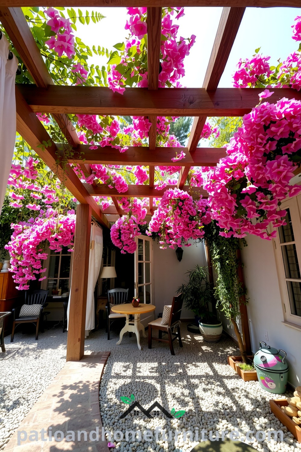 Colorful floral pergola with cascading blooms, weathered wooden beams, and smooth pebbles creating a cozy outdoor patio, perfect for relaxation and conversations, featured on fireplacesandwoodstoves.com.
