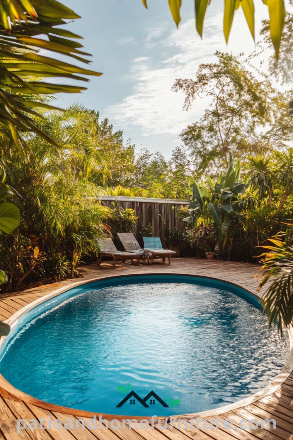 Relaxing backyard oasis featuring an above ground pool from patioandhomefurniture.com, surrounded by lush landscaping, perfect for outdoor living space, pool patio ideas, and cozy fire pit accents.
