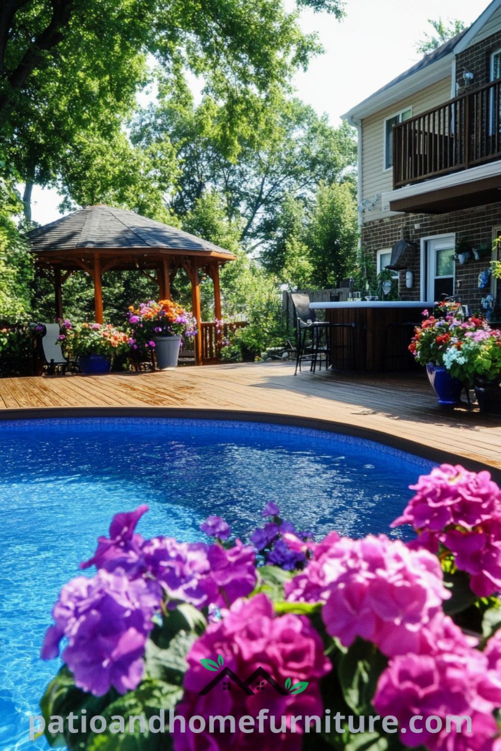 Beautiful above ground pool oasis featuring a wooden deck and bar area, designed for cozy backyard ideas, with vibrant flowers and plants, from patioandhomefurniture.com.