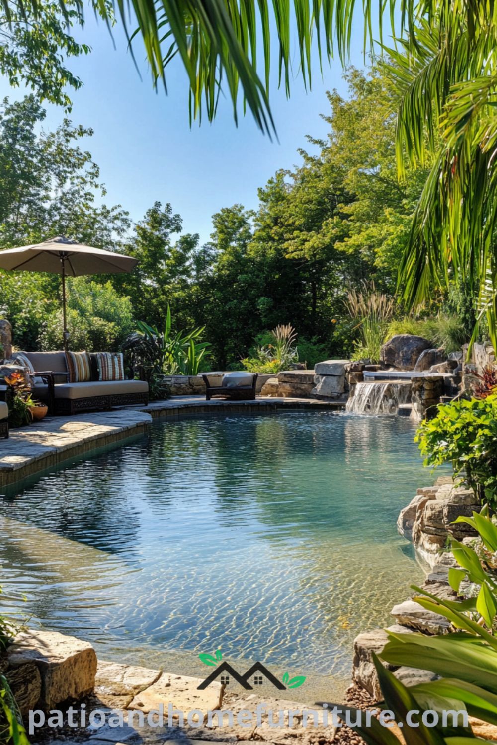 Tropical backyard oasis with an inground pool, lush landscaping, cozy outdoor living space, and inspiring pool patio ideas from patioandhomefurniture.com.