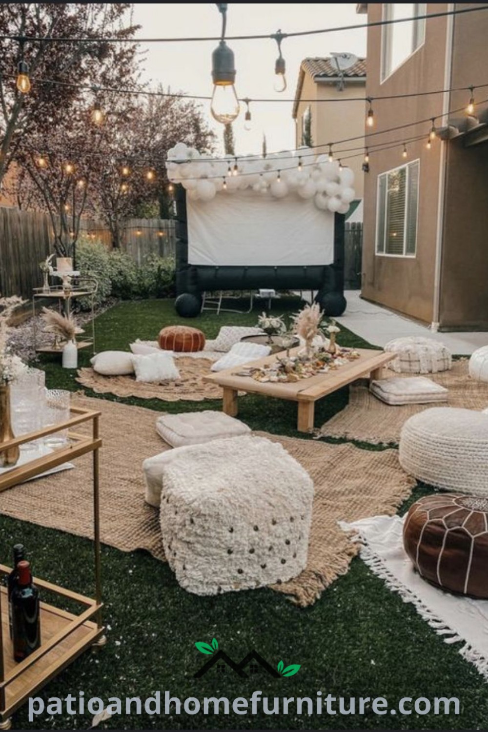 Cozy backyard movie night setup with projector, blankets, fairy lights, and comfy seating, offering unique ideas for outdoor entertainment from wellnesswink.com.