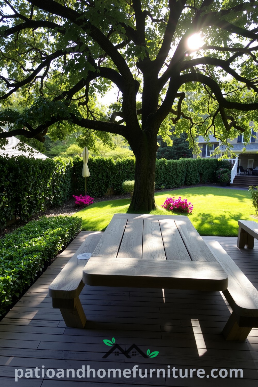 Cozy backyard scene with a weathered wooden deck, lush hedges, colorful flower beds, and a rustic picnic table under an oak tree, providing serene decor ideas and inspirations for a comfortable outdoor gathering on fireplacesandwoodstoves.com.
