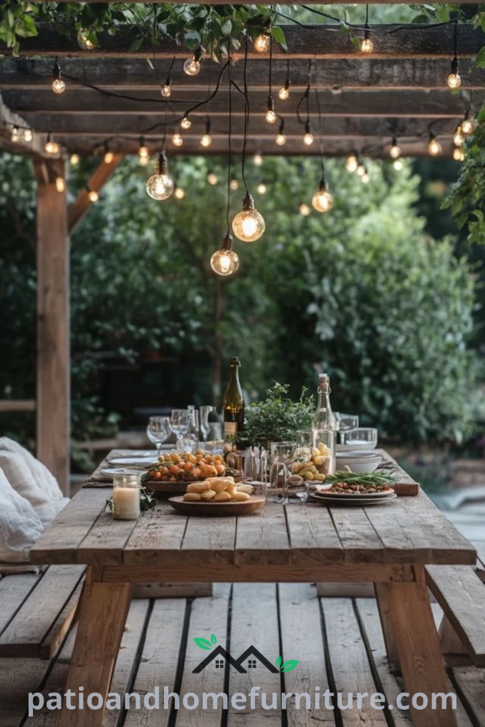 Cozy outdoor dining area featuring a table set with delicious food and warm lights hanging above, creating an inviting atmosphere for gatherings, perfect for inspiration and unique ideas for your home. Visit wellnesswink.com for more decor ideas.