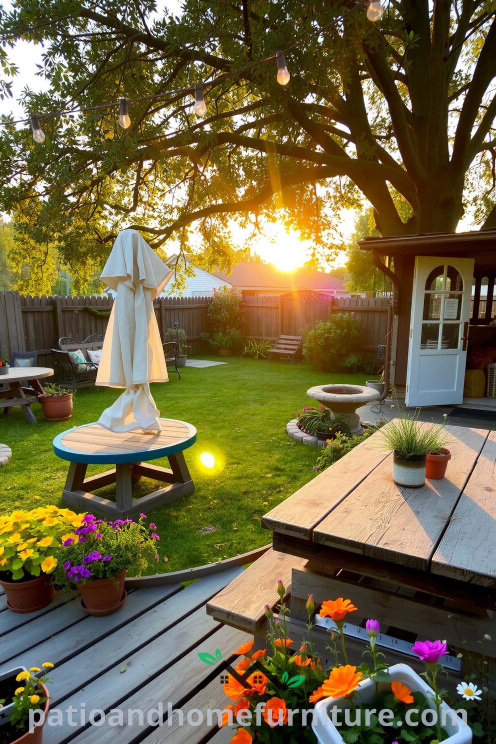 Charming backyard with a weathered wooden deck, rustic picnic table, potted plants, and twinkling string lights creating a cozy and inviting atmosphere, perfect for gatherings and outdoor meals. For more cozy design ideas, visit fireplacesandwoodstoves.com.