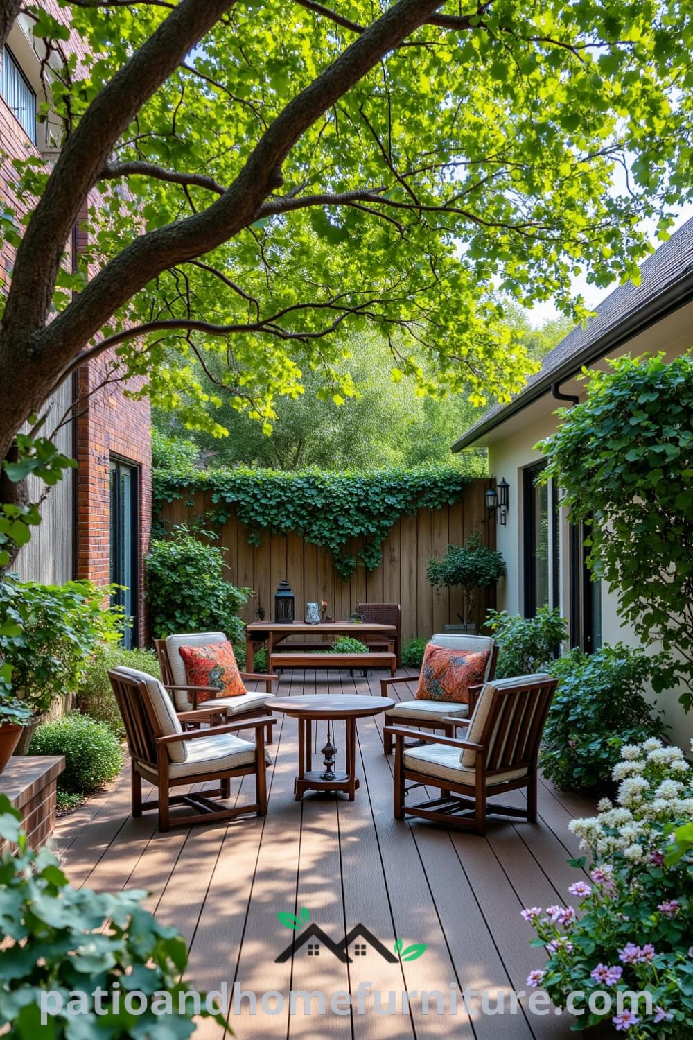 Secluded backyard with a wooden deck, mismatched comfortable chairs, and a rustic table under an old oak tree, surrounded by lush greenery and blooming flowers, offering cozy home decor ideas and inspirations for creating a tranquil outdoor space at fireplacesandwoodstoves.com.