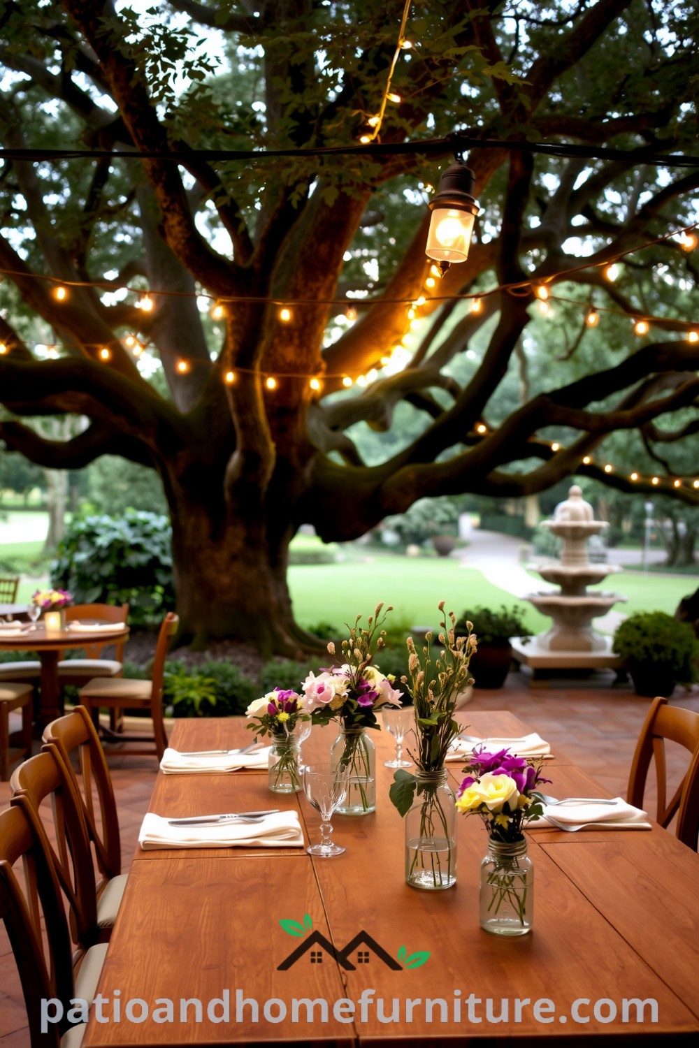 Outdoor dinner party setup beneath an oak tree with a wooden table adorned in white linens, wildflower arrangements in rustic jars, twinkling fairy lights, and a cozy atmosphere, featuring inspirations for creating your own inviting space at fireplacesandwoodstoves.com.