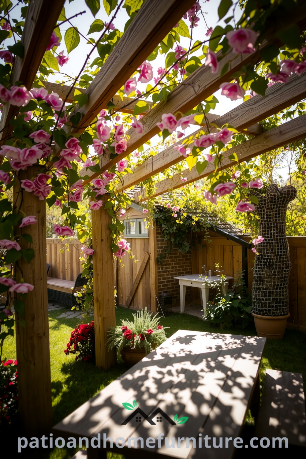 A cozy garden scene showcasing a floral wooden pergola with climbing vines and a rustic wooden table, illuminated by dappled sunlight, offering unique ideas for a cozy home retreat. Visit fireplacesandwoodstoves.com for more decor inspirations.