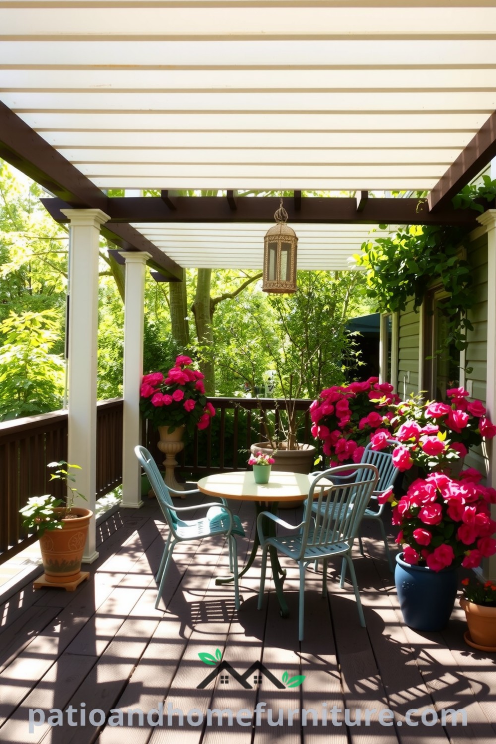 Cozy outdoor space with a vinyl pergola, weathered wooden deck, and vibrant potted plants, offering inviting decor ideas for relaxation, perfect for morning coffee and evening talks, featured at fireplacesandwoodstoves.com.