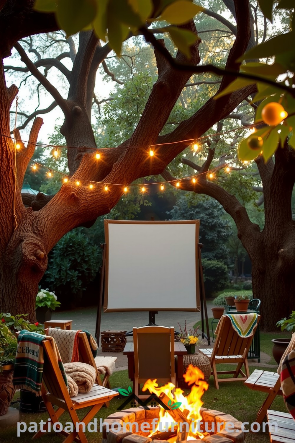 Backyard cinema setup with an old wooden screen, cozy blankets on mismatched chairs, twinkling string lights, and a fire pit, creating a welcoming atmosphere for movie nights in a lush garden, as featured on fireplacesandwoodstoves.com.