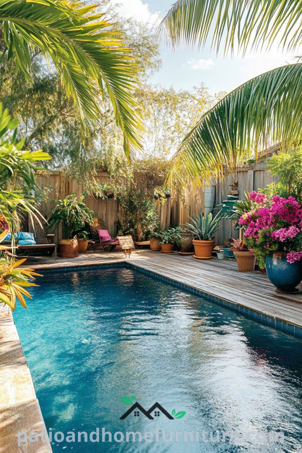 Inviting poolside retreat from patioandhomefurniture.com featuring weathered wooden decking, colorful potted plants, and cozy home design ideas for a relaxing outdoor oasis.