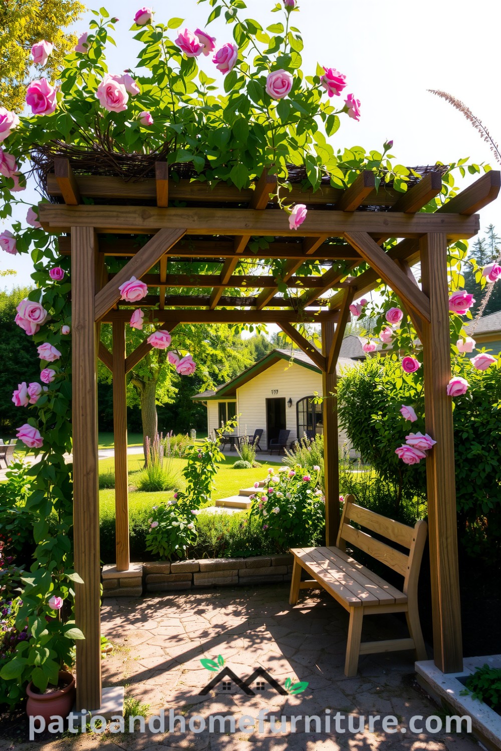 Floral wooden pergola entwined with vibrant roses and jasmine, set in a sunlit garden, creating a serene retreat with rustic benches, perfect for relaxation and highlighting inspiring decor ideas for your home. Visit fireplacesandwoodstoves.com for cozy inspirations.
