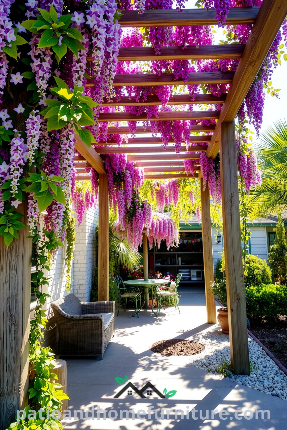 Floral pergola in a sun-drenched garden with climbing vines and vibrant blooms, creating a cozy outdoor retreat idea, perfect for relaxation and gatherings; find decor inspirations at fireplacesandwoodstoves.com.