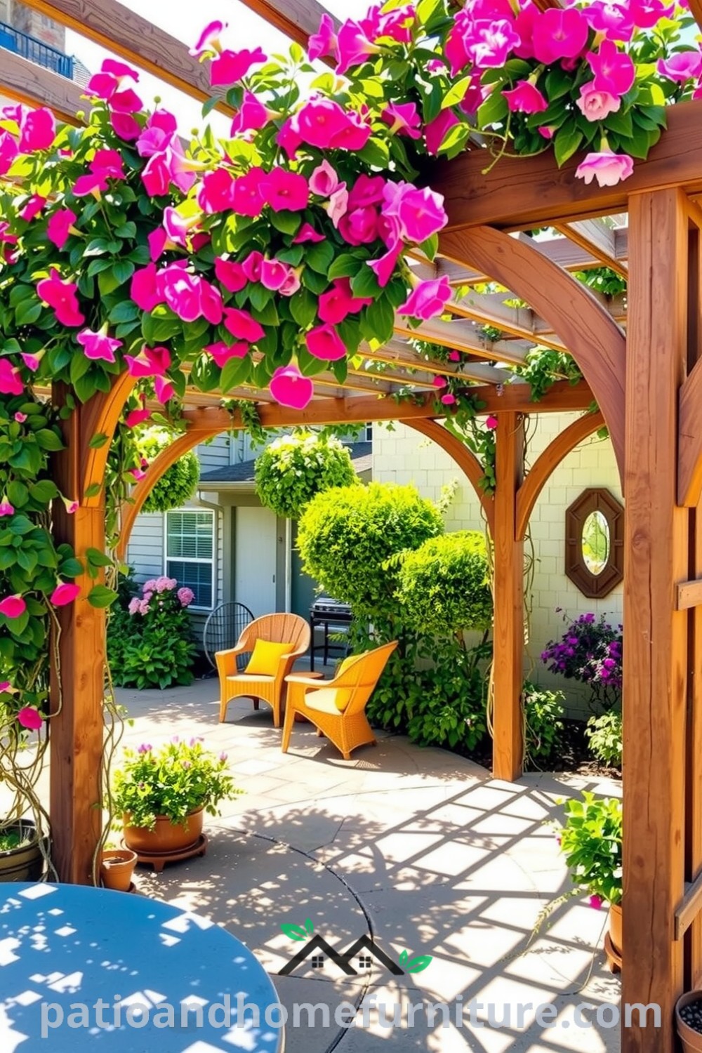 A vibrant floral pergola adorned with climbing vines and colorful blooms, casting dappled shadows on a stone patio, creating a cozy retreat perfect for outdoor gatherings, showcasing inspiring decor ideas from fireplacesandwoodstoves.com.