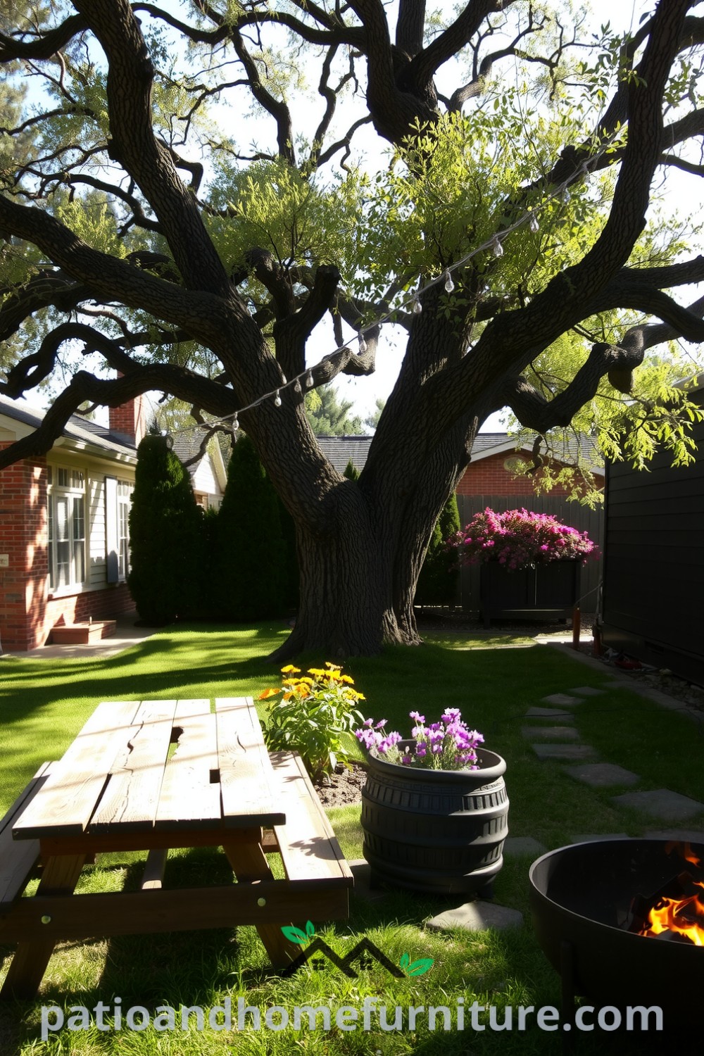 Rustic backyard oasis with a wooden picnic table under an oak tree, string lights creating a cozy atmosphere, vibrant wildflowers alongside stepping stones, and a fire pit, showcasing unique ideas for a cozy home and inviting outdoor decor at fireplacesandwoodstoves.com.