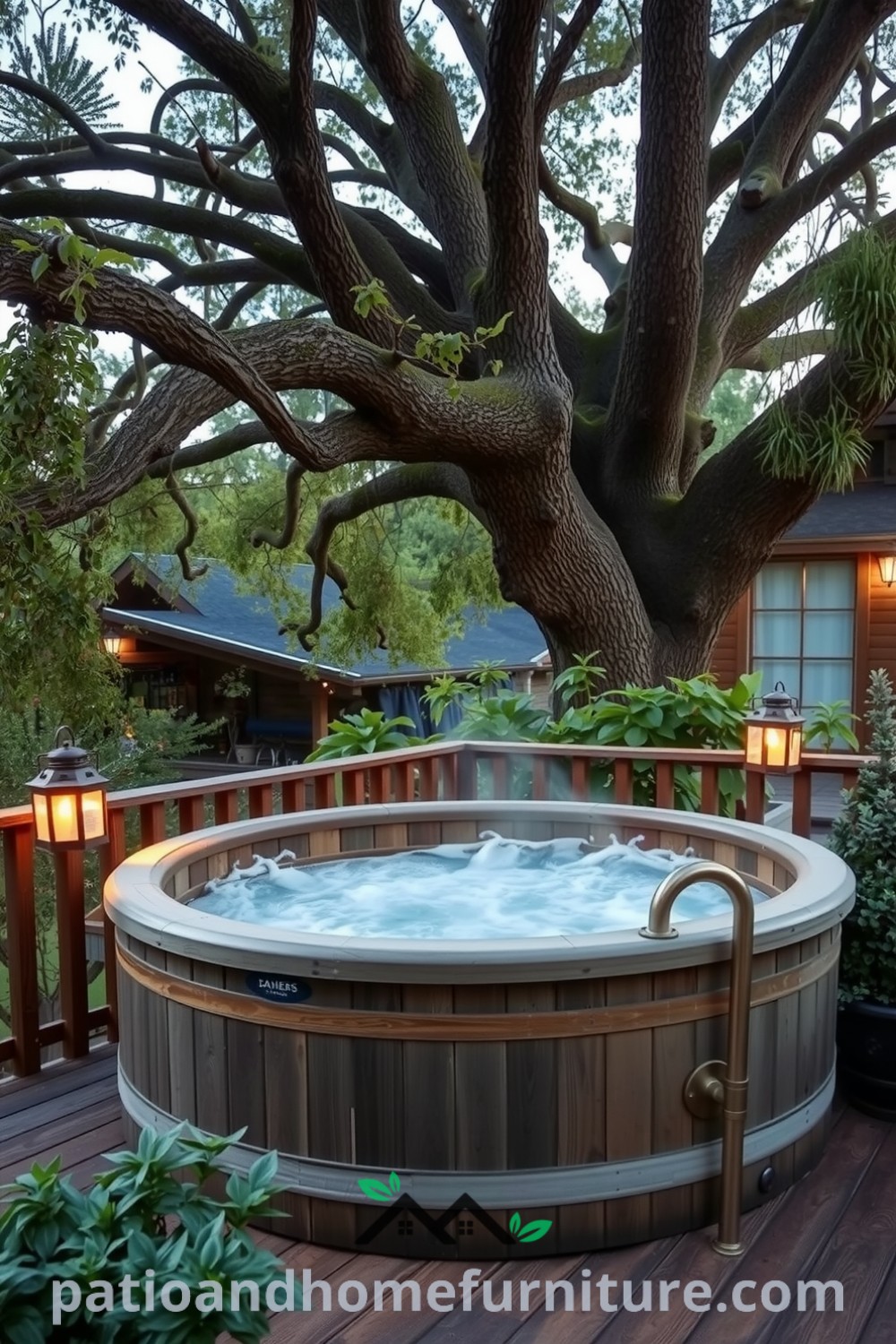 Traditional wooden hot tub nestled under an oak tree, surrounded by lush greenery and ambient lantern light, creating a cozy retreat for relaxation, ideal for home decor inspiration at fireplacesandwoodstoves.com.