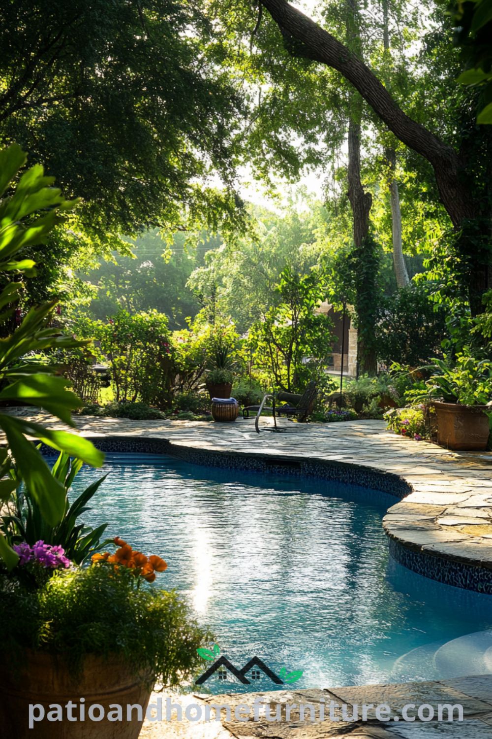 Glistening backyard pool surrounded by natural stone tiles, lush greenery, and colorful potted flowers, creating a serene oasis ideal for relaxation and summer gatherings, perfect for cozy home decor ideas found at fireplacesandwoodstoves.com.