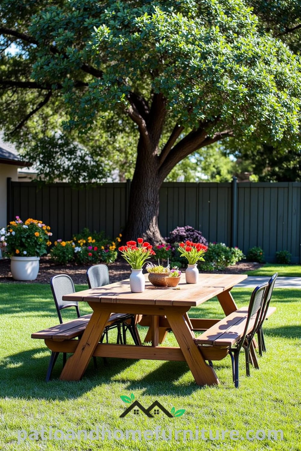 Cozy outdoor picnic setup with a wooden table beneath an oak tree, surrounded by worn metal chairs and colorful flower beds, offering delightful decor ideas for your home at fireplacesandwoodstoves.com.