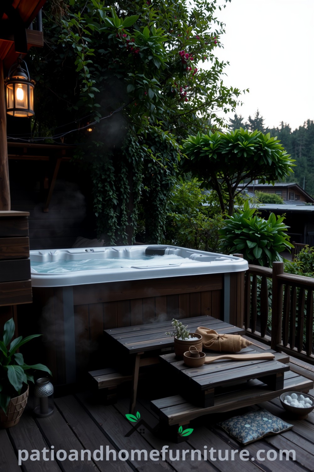 Cozy hot tub on a wooden deck surrounded by lush greenery, illuminated by lanterns, with bubbling water creating an inviting atmosphere, showcasing unique design ideas for your home at fireplacesandwoodstoves.com.