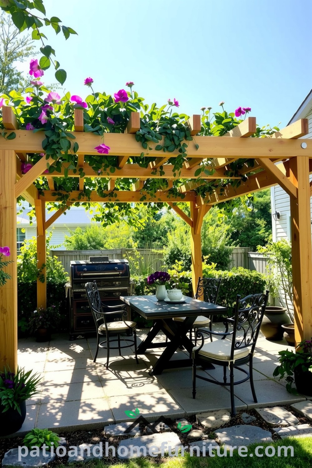 Wooden pergola adorned with climbing vines and colorful blooms, creating a cozy outdoor retreat on a stone patio, ideal for gatherings and relaxation; visit fireplacesandwoodstoves.com for cozy home design ideas and inspirations.