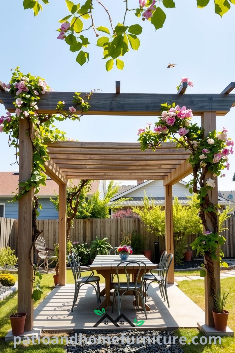 A cozy backyard featuring a freestanding pergola with weathered wooden beams, climbing vines, and a rustic table surrounded by mismatched chairs, creating an inviting atmosphere for gatherings, perfect for decor ideas and inspirations for your home, as seen on fireplacesandwoodstoves.com.
