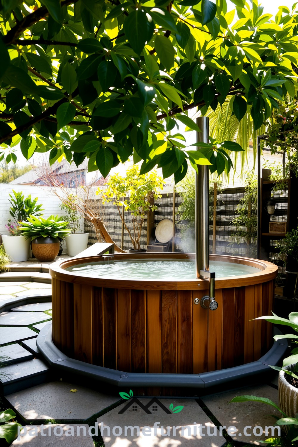 Traditional wooden hot tub surrounded by lush greenery and smooth stone pathways in a serene garden oasis, exuding a cozy atmosphere ideal for relaxation and reflection, featuring enticing decor inspirations for your home at fireplacesandwoodstoves.com.