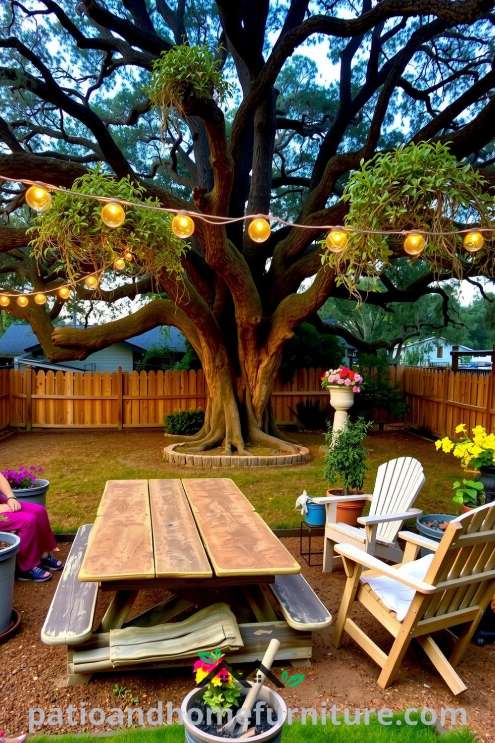Cozy backyard gathering space featuring a weathered wooden picnic table under an oak tree, with string lights, potted herbs, colorful blooms, and a rustic fire pit, offering design ideas for creating a cozy home atmosphere. Visit fireplacesandwoodstoves.com for more decor inspirations.