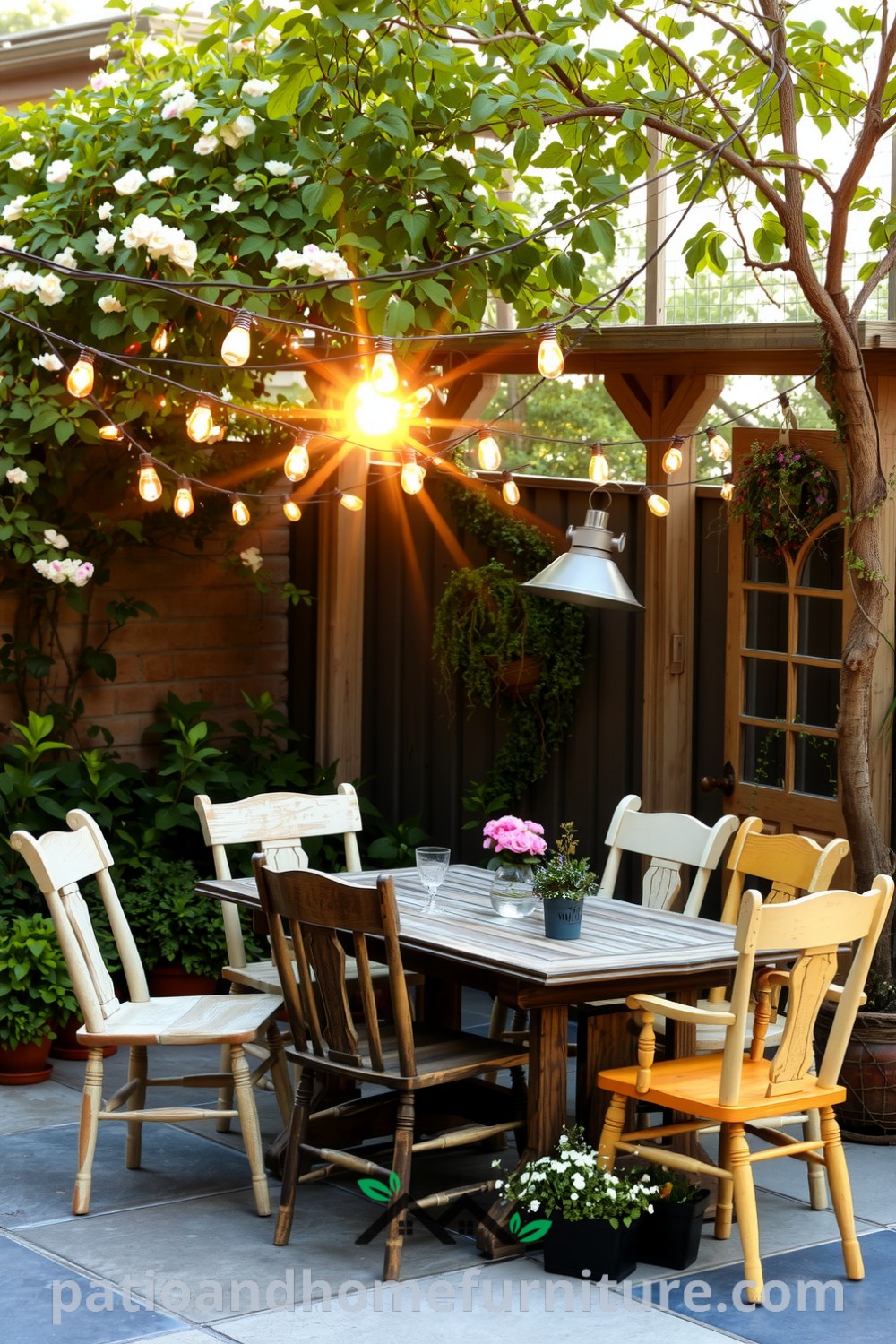 Cozy outdoor dining space with a rustic wooden table, mismatched chairs, string lights, and a trellis adorned with blooming vines, providing a charming atmosphere perfect for shared meals and laughter. Find more inspiring decor ideas at fireplacesandwoodstoves.com.