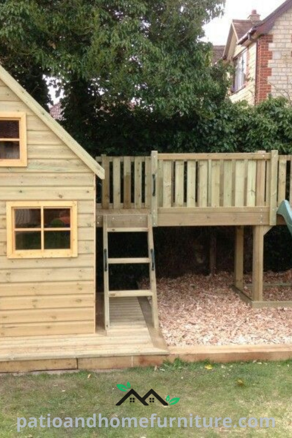 A small wooden playhouse with a slide set in a backyard, surrounded by greenery, representing cozy ideas for kids