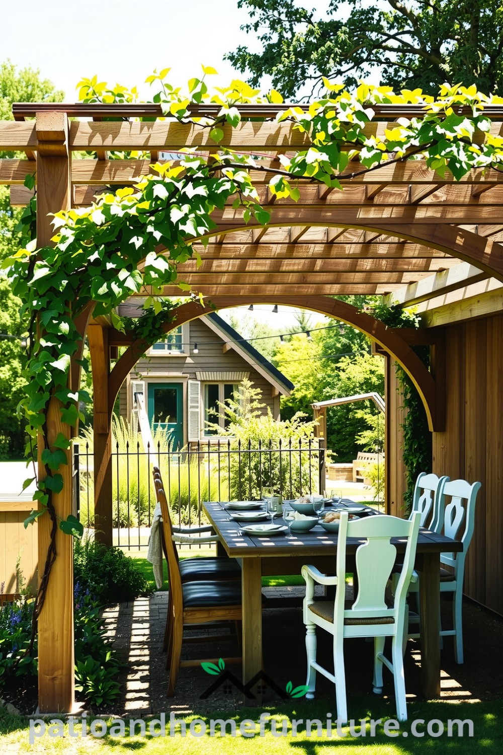 Cozy garden pergola crafted from weathered cedar, with climbing vines and a rustic wooden table surrounded by mismatched chairs, perfect for leisurely meals in the sun, showcasing unique ideas for your home at fireplacesandwoodstoves.com.
