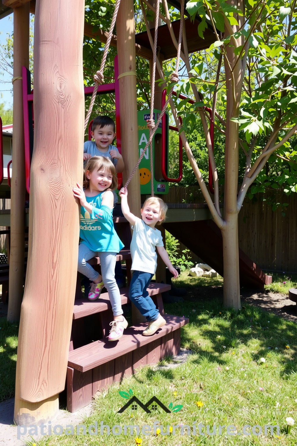 Children playing on a vibrant climbing structure in a sunny backyard, surrounded by soft grass and colorful flowers, with a tree providing shade—ideal for childhood adventures and family gatherings. Visit fireplacesandwoodstoves.com for more cozy home design ideas.