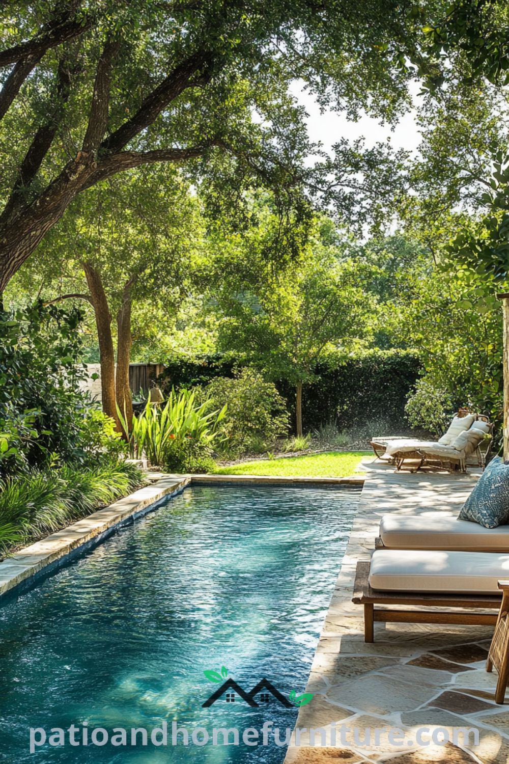 Backyard pool surrounded by textured stone tiles and lush greenery, capturing a sunny summer scene with children playing and a cozy lounge chair, offering decor ideas for a serene and inviting home retreat, visit fireplacesandwoodstoves.com for more unique ideas.