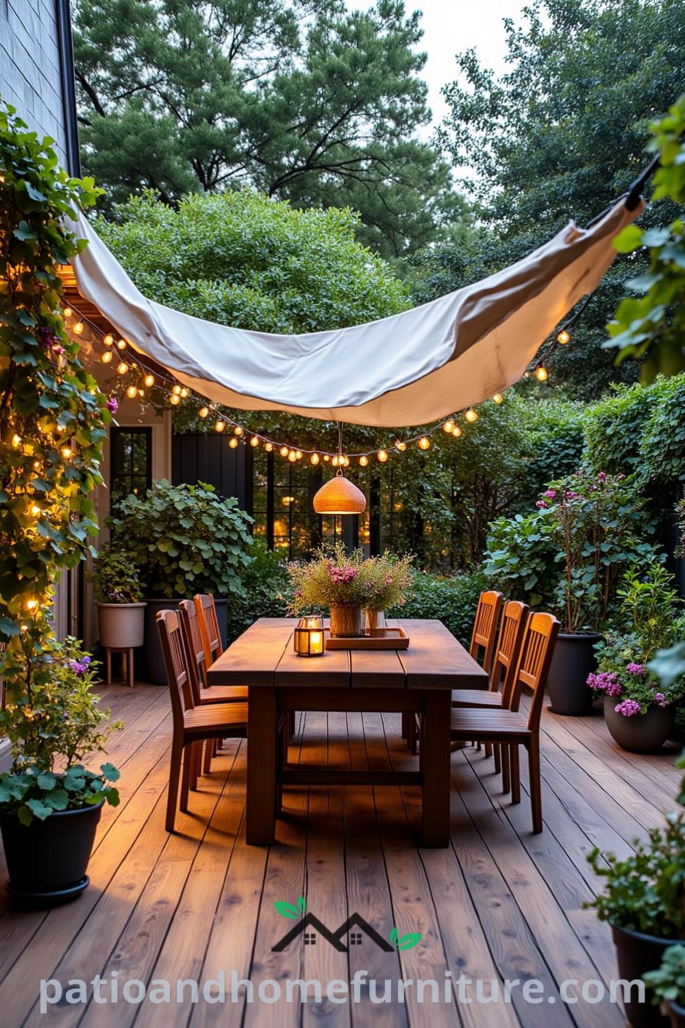 A cozy backyard patio featuring a rustic dining table under twinkling fairy lights and surrounded by lush greenery, with wooden decking and colorful potted herbs, providing inspiring decor ideas for your home at fireplacesandwoodstoves.com.