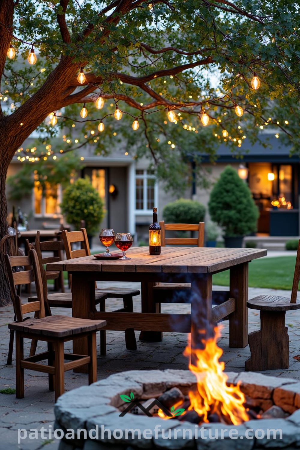 A cozy backyard featuring a weathered wooden picnic table with mismatched chairs, twinkling fairy lights from an oak tree, and a stone fire pit, creating a charming gathering spot. Visit fireplacesandwoodstoves.com for inspiring decor ideas and cozy home inspirations.