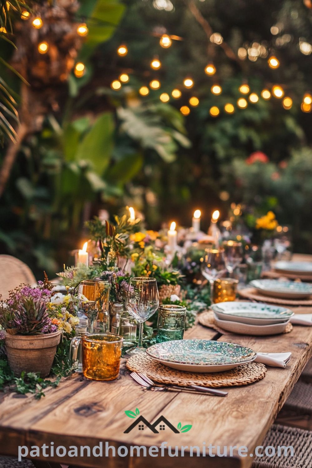 Boho outdoor patio dinner party with a rustic wooden table, mismatched colorful glassware, twinkling string lights, and lush potted plants, showcasing unique decor inspirations for a cozy home ambiance at fireplacesandwoodstoves.com.