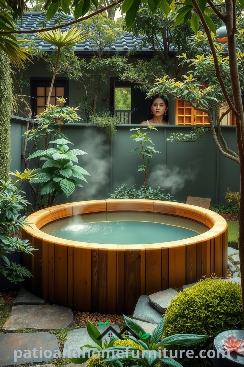 Japanese soaking hot tub nestled in a tranquil garden, crafted from smooth wood with steam rising and surrounded by lush greenery, complemented by a stone pathway and a bamboo fountain, showcasing cozy ideas for home decor inspirations at fireplacesandwoodstoves.com.