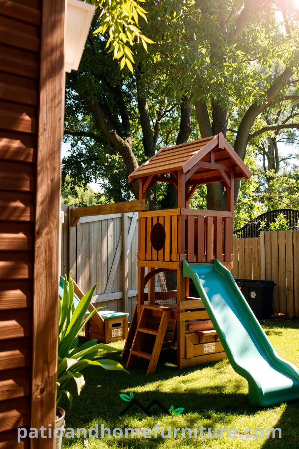 Wooden playset in a sunlit backyard with playful scuff marks, smooth slides, and dappled light filtering through trees, creating an inviting atmosphere for children to play, find cozy ideas, and enhance their backyard decor inspirations at fireplacesandwoodstoves.com.