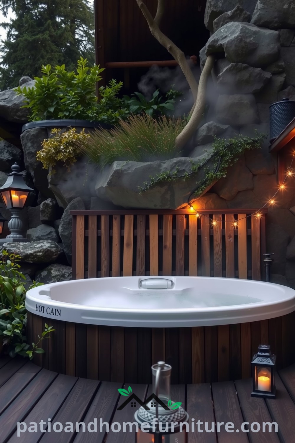 Hot tub surrounded by lush greenery and weathered stone, with wooden planks and soft ambient lighting, creating a cozy and inviting atmosphere ideal for relaxation, featuring unique ideas for your home from fireplacesandwoodstoves.com.