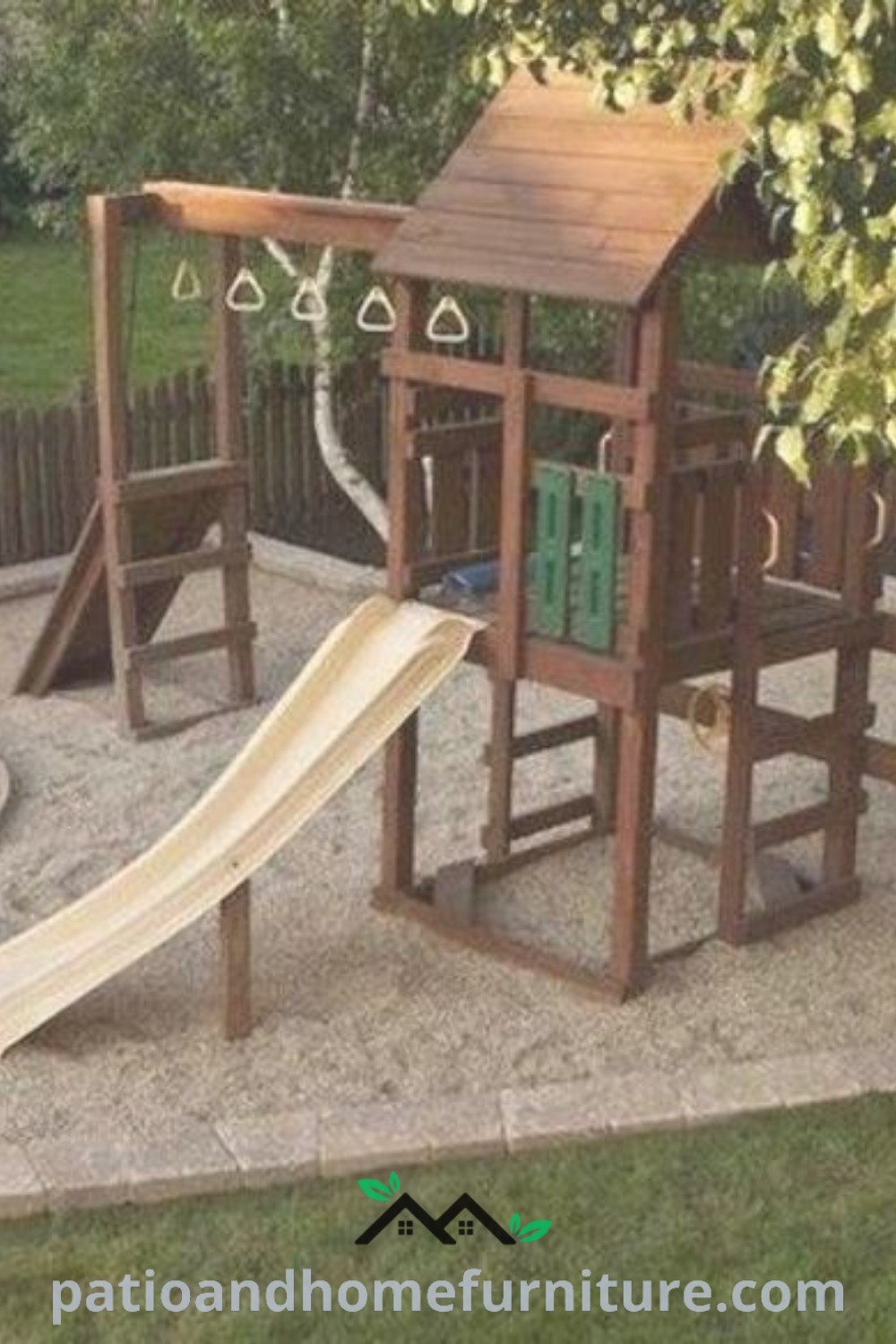 Wooden swing set and slide in a cozy backyard play area, surrounded by vibrant landscaping and lush grass, providing joyful outdoor fun for children, with unique design ideas showcased at wellnesswink.com.