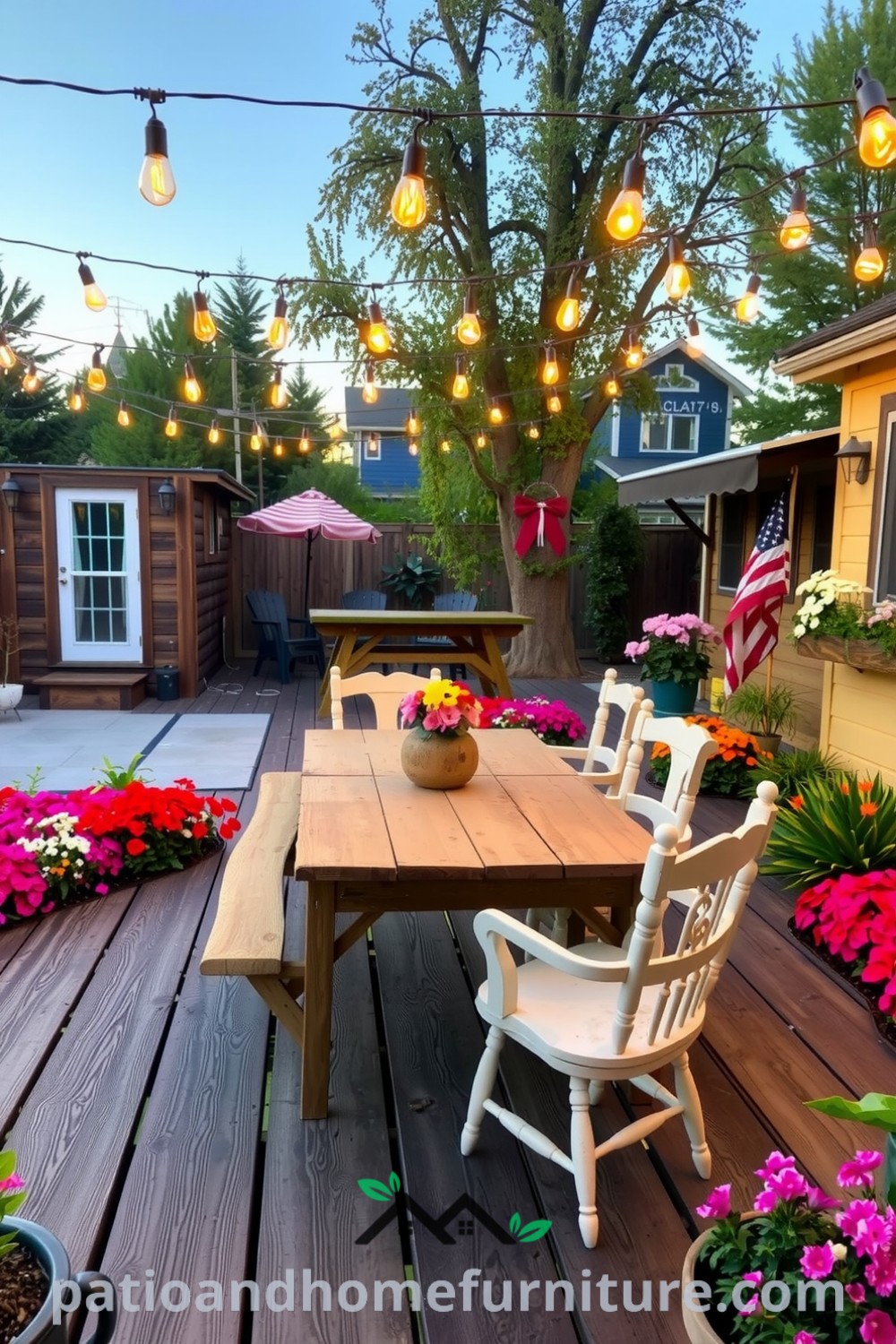 Charming backyard featuring a weathered wooden deck, colorful flower beds, a rustic picnic table with mismatched chairs, and twinkling lights overhead, creating a cozy atmosphere for gatherings, perfect for decor inspirations and unique ideas for your home at fireplacesandwoodstoves.com.