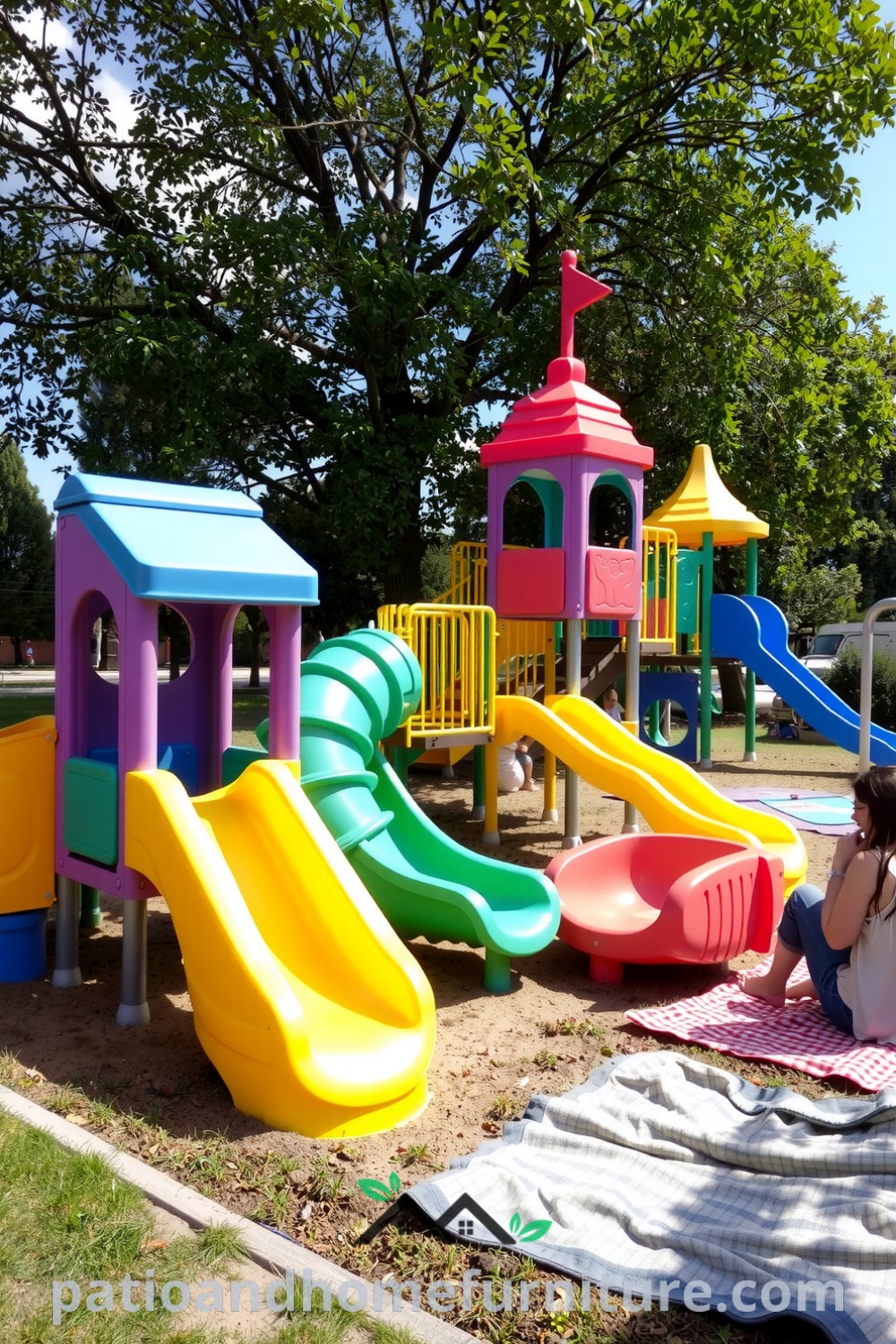 Colorful modular playgrounds on grass, surrounded by trees, creating a lively atmosphere with children playing and families relaxing nearby, perfect for community gatherings and joyful moments. Visit fireplacesandwoodstoves.com for more cozy ideas.