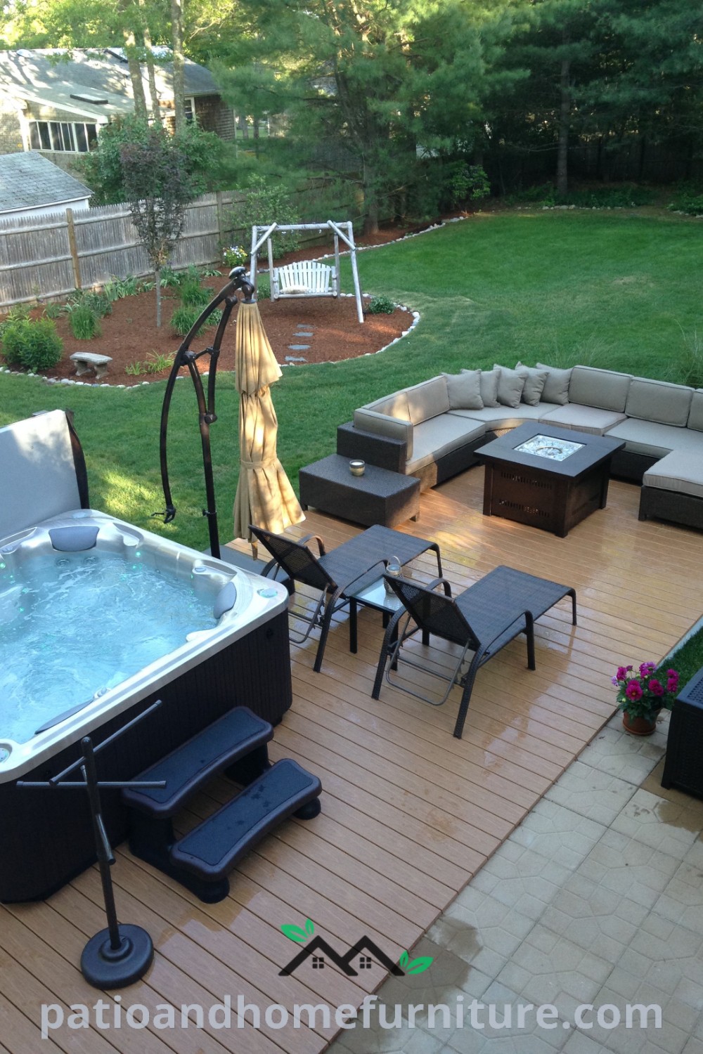 Cozy hot tub on a wooden deck surrounded by lush greenery and lounge chairs, creating an inviting outdoor oasis for relaxation and social gatherings, showcasing unique ideas for backyard designs at wellnesswink.com.