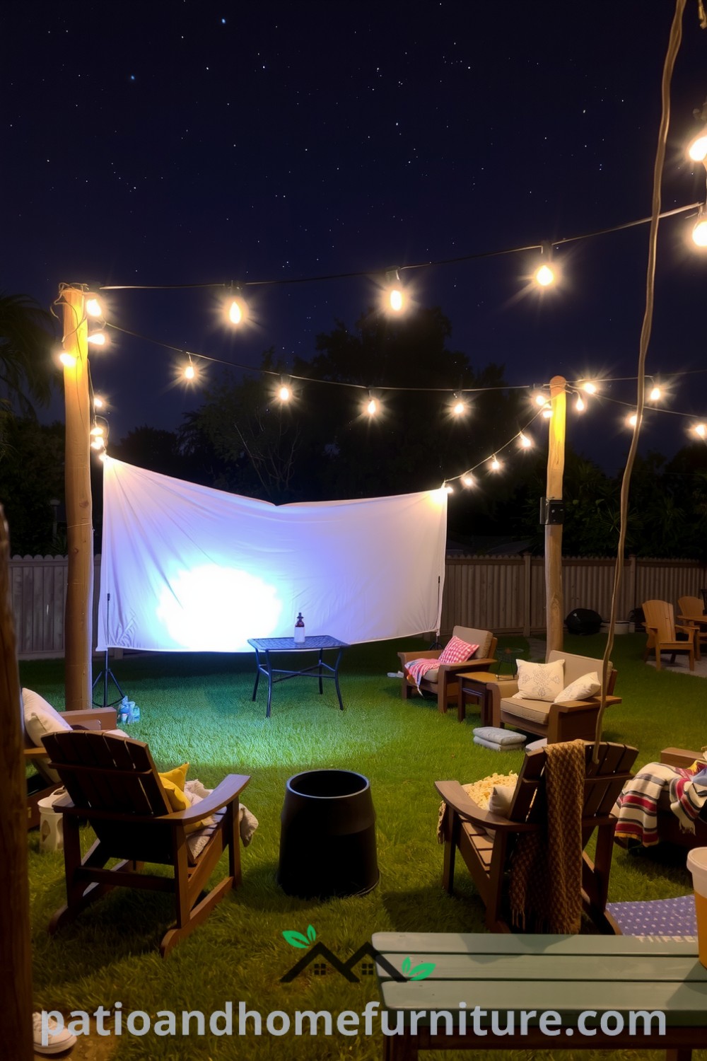 Backyard cinema setup under a starlit sky with a weathered sheet screen, mismatched chairs, and blankets, adorned with string lights, creating a cozy atmosphere perfect for movie nights with friends. Discover cozy ideas and decor inspirations at fireplacesandwoodstoves.com.