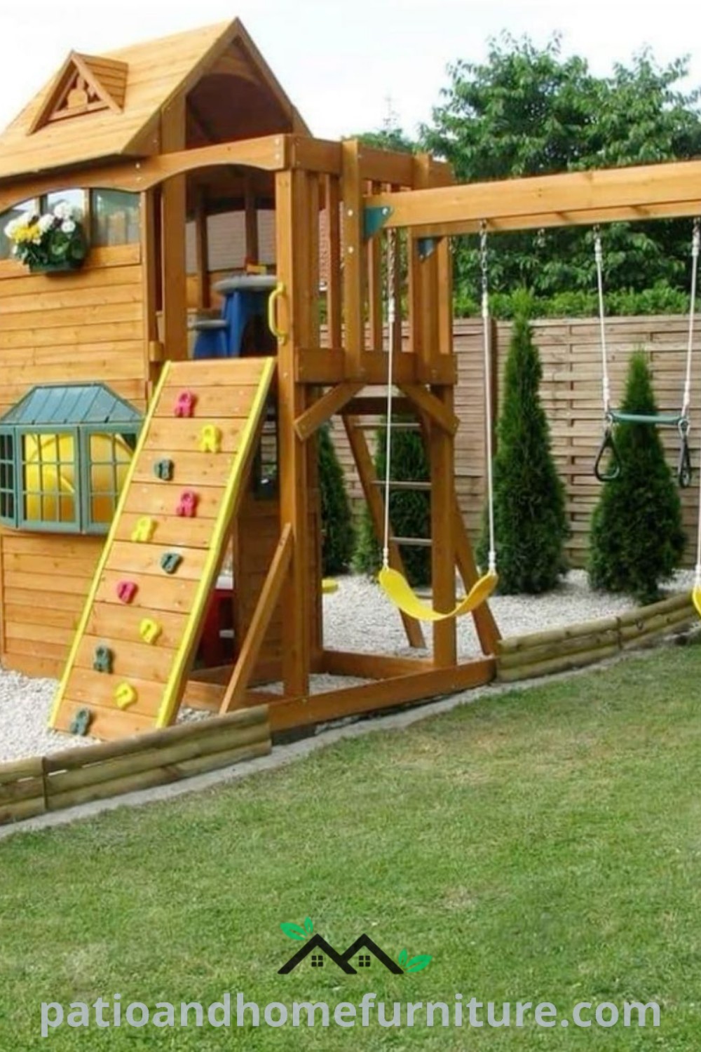Wooden swing set in a cozy backyard play area designed for kids, showcasing a cheerful and inviting playground atmosphere with decor ideas that inspire outdoor fun, featured on wellnesswink.com.