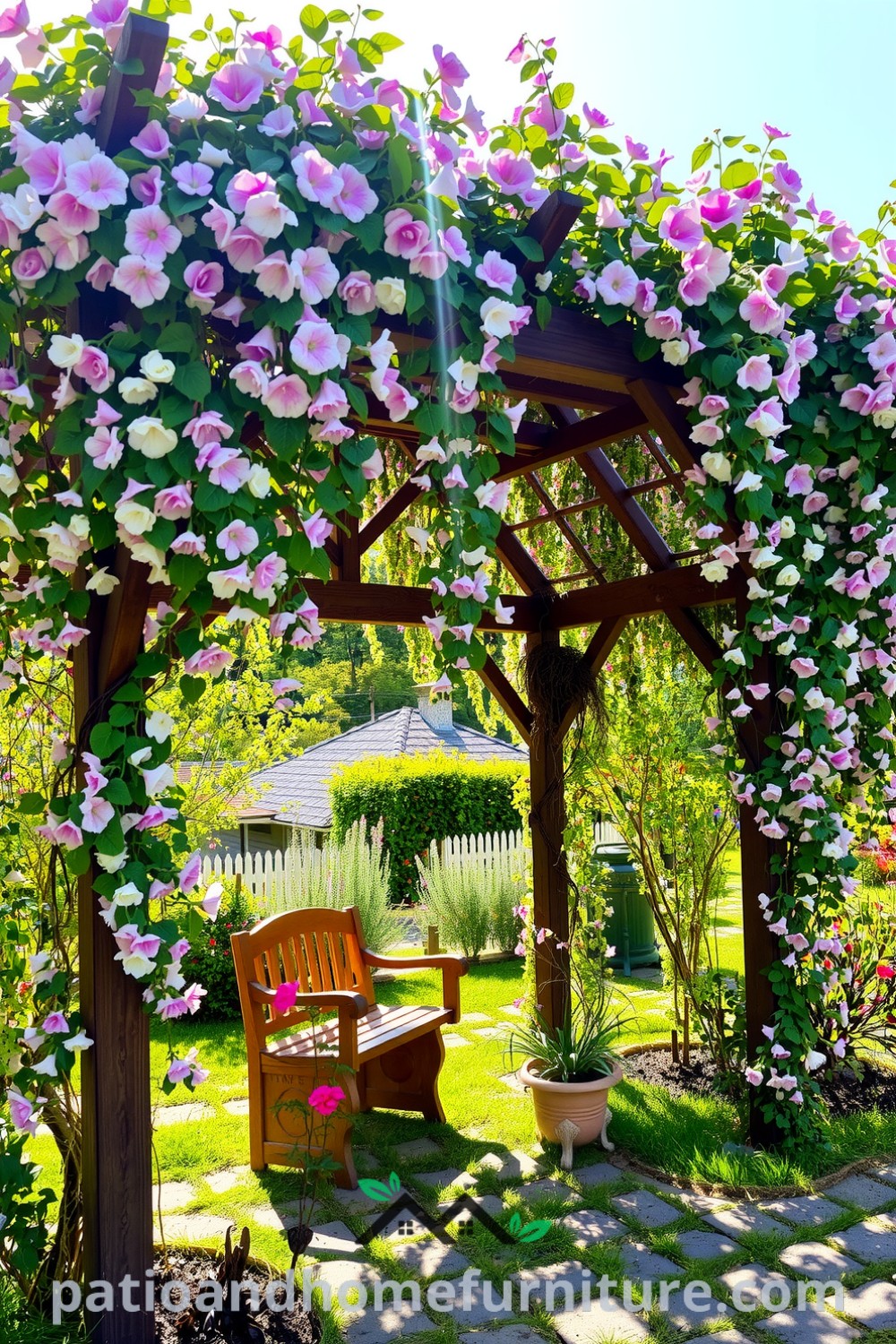 Colorful floral pergola in a garden with blooming vines, shaded rustic bench, and sunlight filtering through leaves, creating a cozy oasis perfect for relaxation and inspiration for home decor ideas on fireplacesandwoodstoves.com.