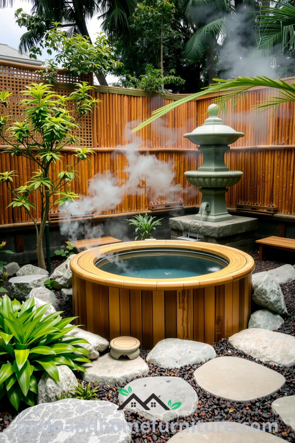 Japanese soaking hot tub nestled in a tranquil garden, surrounded by lush greenery and smooth stones, with steam rising into the air and a bamboo fence for privacy, offering unique decor inspirations for a cozy home at fireplacesandwoodstoves.com.