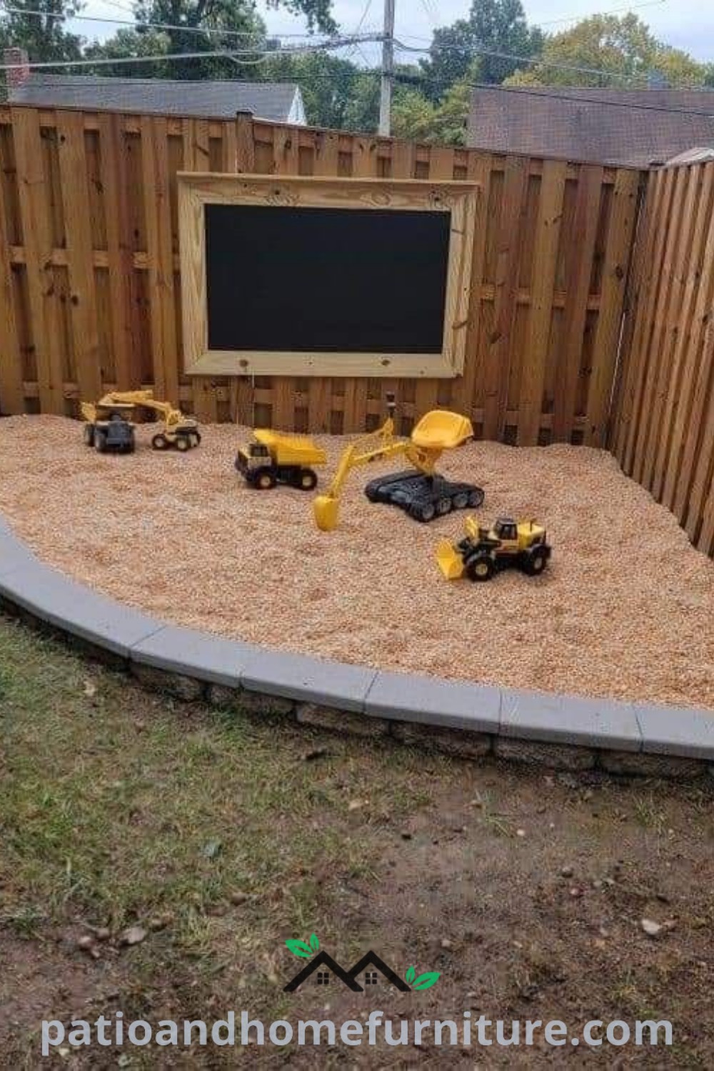 Outdoor wooden pallet play area featuring colorful construction vehicles, providing a cozy and engaging space for children to play and explore, with creative outdoor decor ideas found on wellnesswink.com.