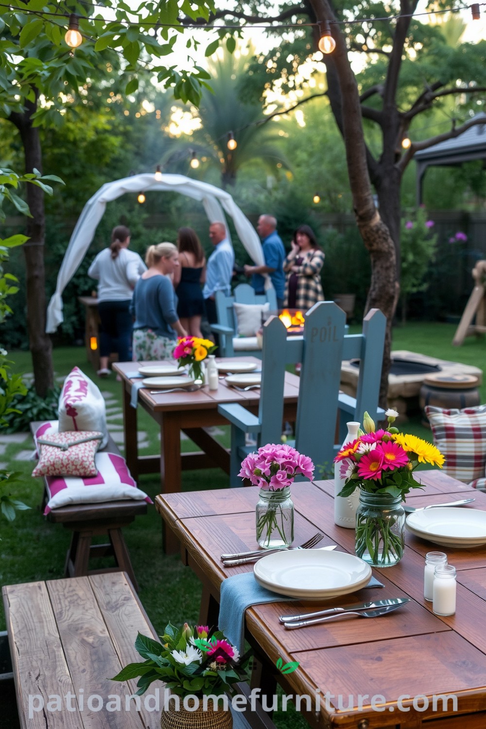 Charming backyard dinner setup with weathered wooden tables, mismatched ceramic plates, vibrant flowers in mason jars, soft glowing string lights, and a cozy atmosphere perfect for gatherings at fireplacesandwoodstoves.com.